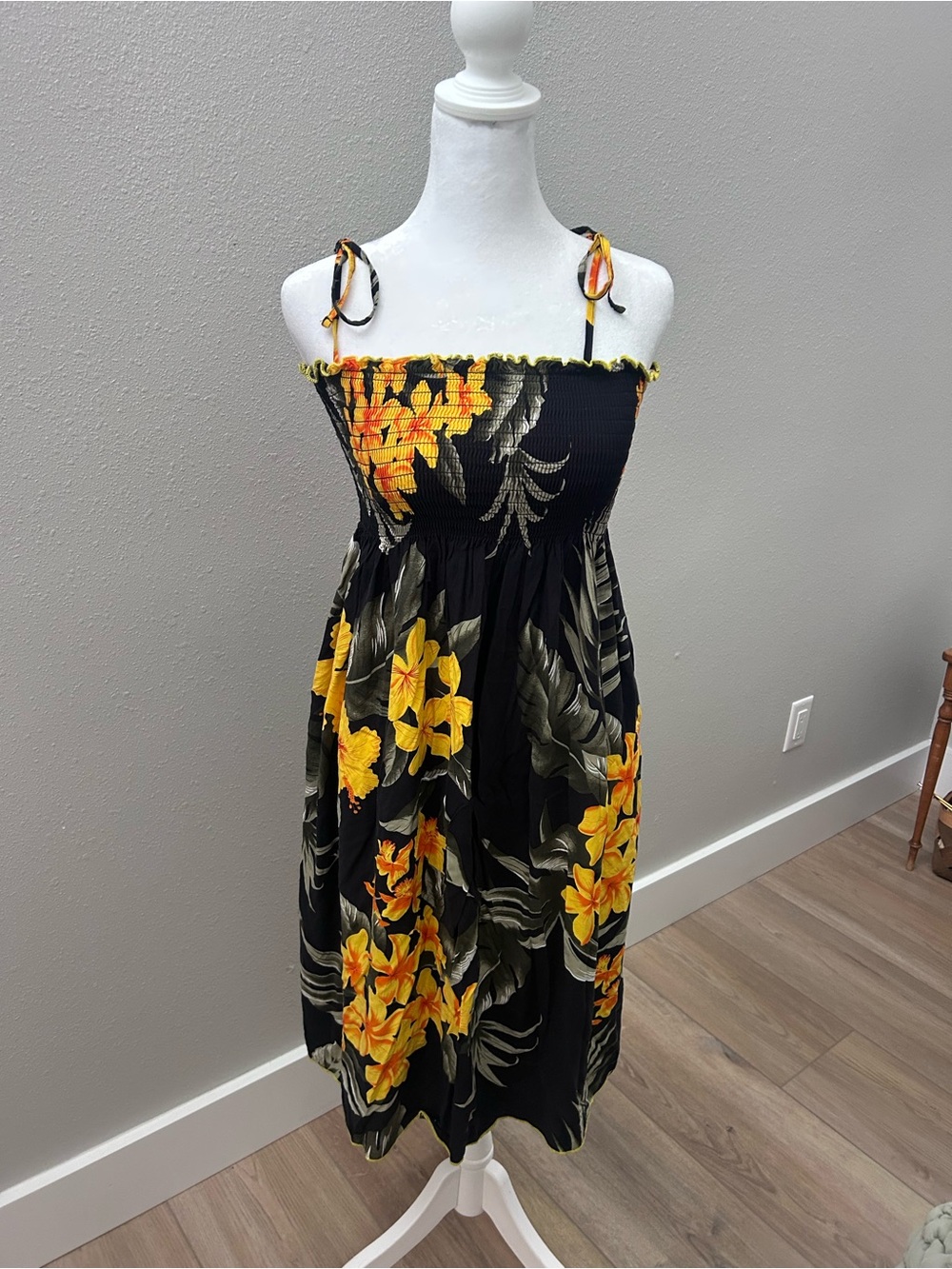 Black & Yellow Floral Smocked Midi Dress